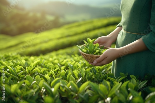 A woman's hand picks a tea leaf on a plantation