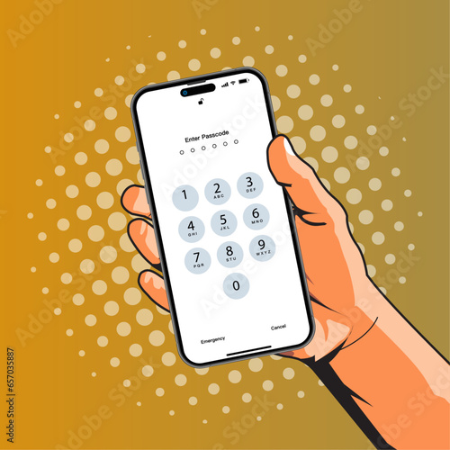 Hand holding smartphone with unlock screen and button. Flat design illustration of people hand holding smartphone with login screen and entering PIN code. Vector.
