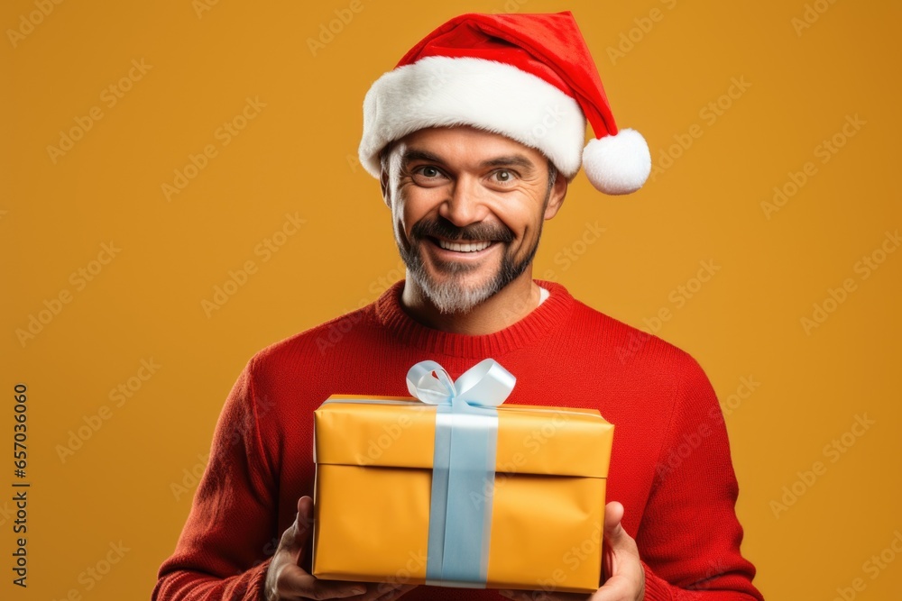 Christmas-themed gentleman donning a Santa cap and clutching a present Christmas-themed gentleman donning a Santa cap and clutching a present