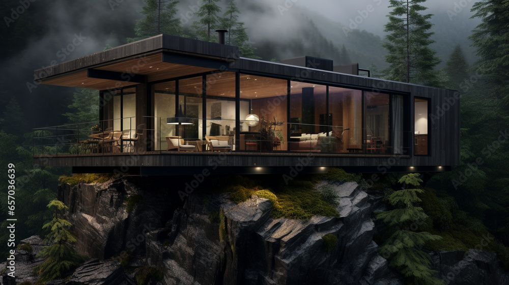 A simple house with only carbon neutral wooden beams, located near a cliff overlooking nature generative ai
