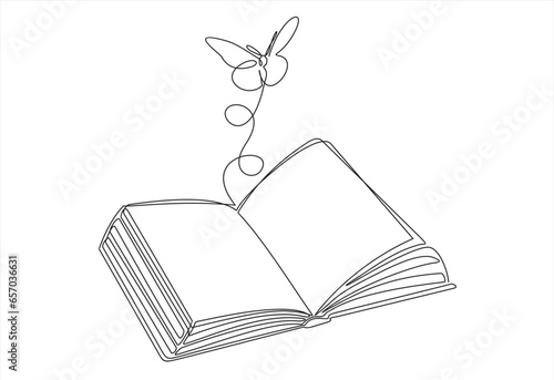 Continuous one line drawing of open book with flying butterfly. Vector illustration on white background.