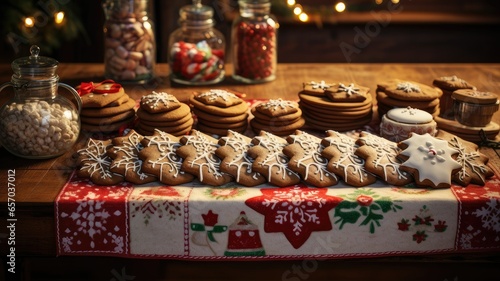 A festive holiday platter filled with an assortment of beautifully decorated Christmas gingerbread cookies. The platter on a rustic wooden table adorned with Christmas decorations for a warm