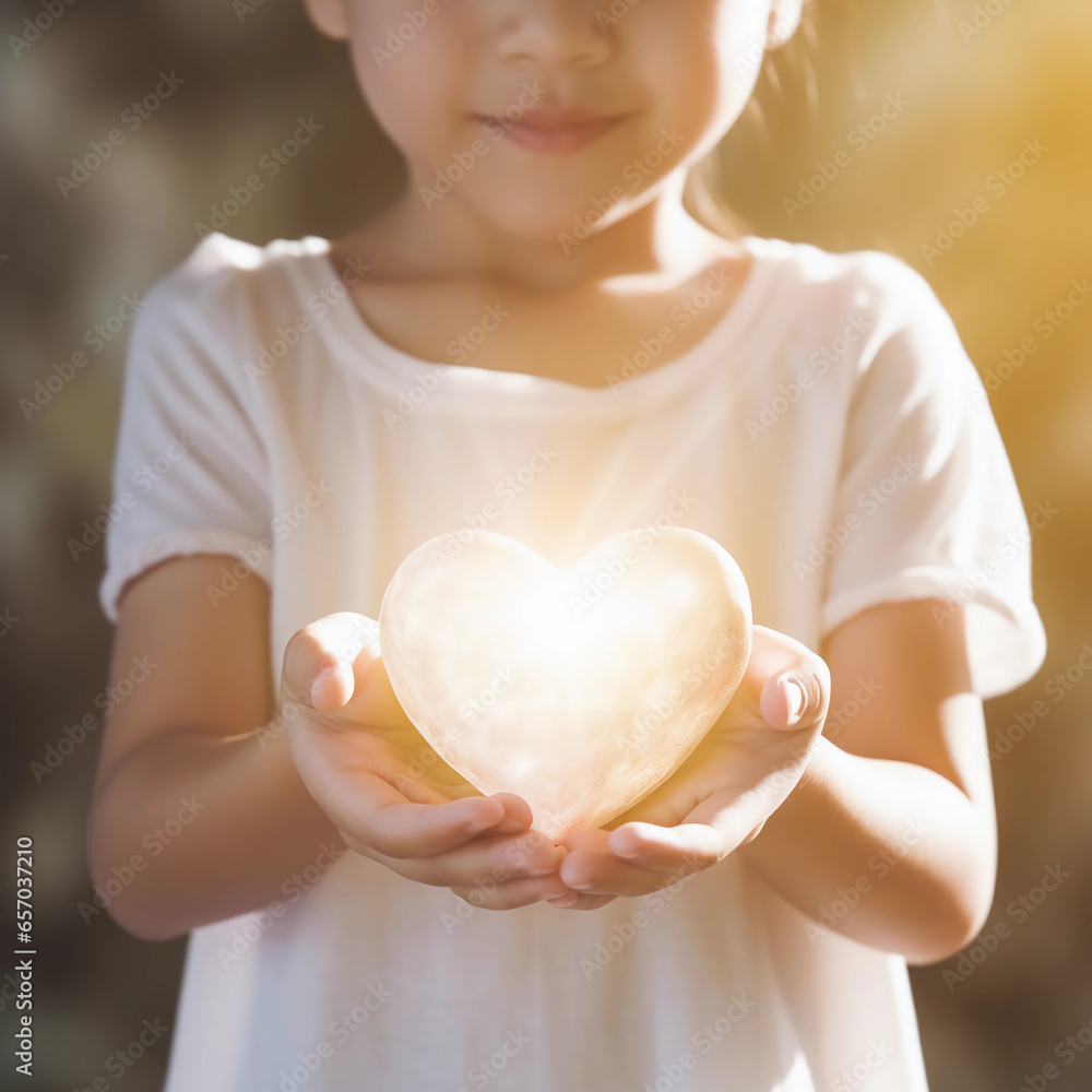 Girl hands holding white heart, Happiness moment, Health care, donate and family insurance concept, World heart day, world health day, Hope, Gratitude, Kindness, Valentine's Day. Generative AI.
