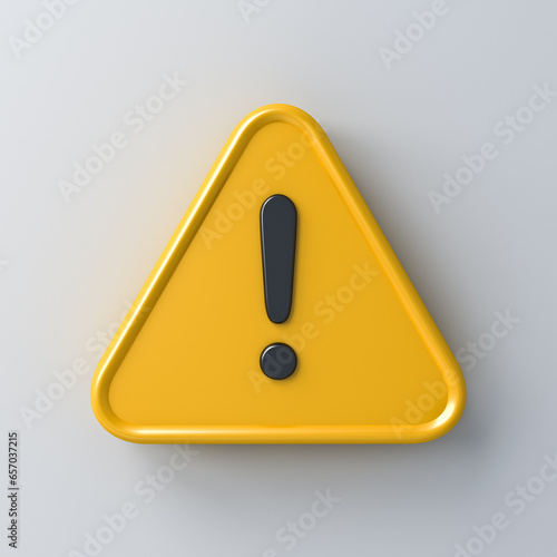 Yellow triangle caution warning sign or exclamation mark sign icon isolated on white grey wall background with shadow 3D rendering