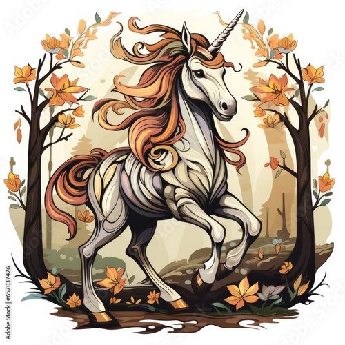 Mythical unicorn character in a magical forest