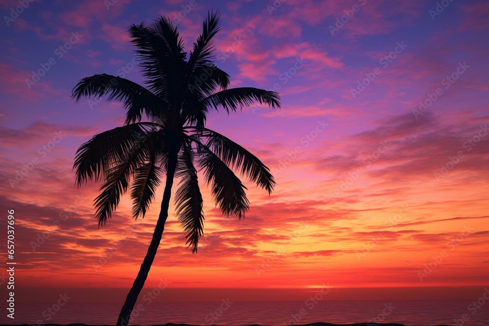 Palm tree under sunset sky. Generative AI