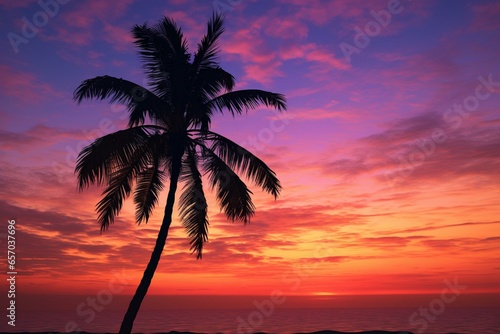 Palm tree under sunset sky. Generative AI