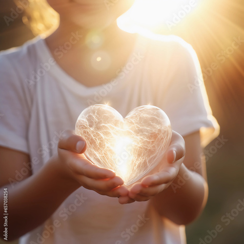 Girl hands holding white heart, Happiness moment, Health care, donate and family insurance concept, World heart day, world health day, Hope, Gratitude, Kindness, Valentine's Day. Generative AI.