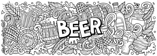 Cartoon vector Beer doodle illustration features a variety of Oktoberfest objects and symbols. Sketchy whimsical funny picture.