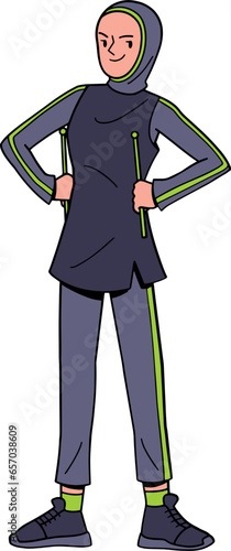 Hijabi sporty woman doing poundfit exercise cartoon illustration