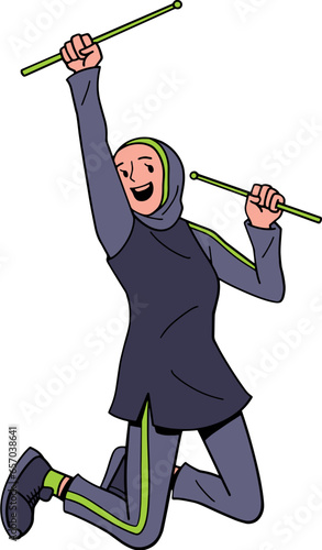 Hijabi sporty lady doing poundfit exercise cartoon illustration
