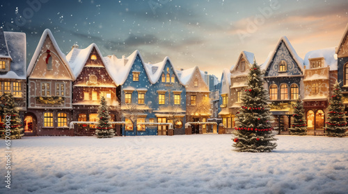 Winter country landscape with houses and christmass tree. Village decorations lights. Post greeting card in painting style.