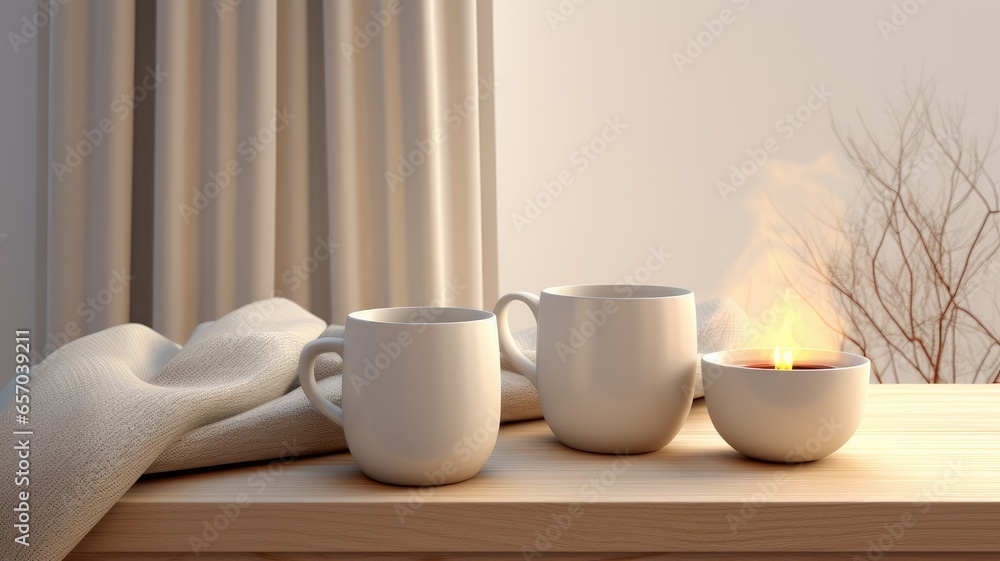 Two mugs, filled with steaming beverages, sit on a wooden table beside a fireplace in a country house. A soft woolen blanket drapes over a comfortable armchair, inviting relaxation and comfort. Two mugs, filled with steaming beverages, sit on a wooden table beside a fireplace in a country house. A soft woolen blanket drapes over a comfortable armchair, inviting relaxation and comfort.