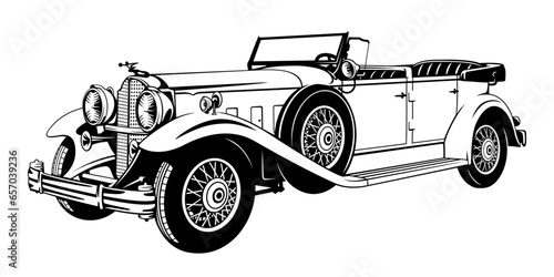 Old Vintage Car Cabriolet of 20s. Black and white vector clipart isolated on white.