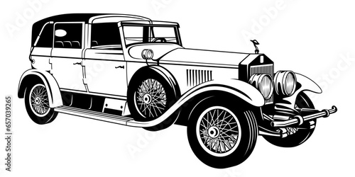 Vintage Retro Car Cabriolet of 20s. Black and white vector clipart isolated on white.