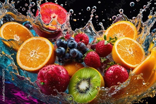 Fruit mix falling into water and splashing. Generative AI