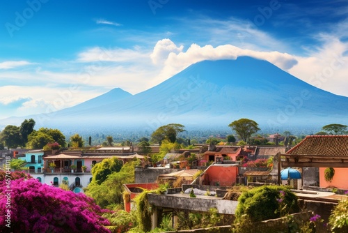 Beautiful landscape of Antigua Guatemala with Aqua volcano in the distance. Generative AI photo