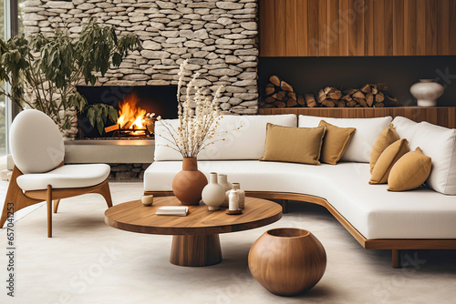 Sofa and chair by fireplace in wild stone cladding wall. Mid-century home interior design of modern living room.