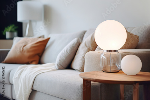 Close up of lamp on side table near sofa. Scandinavian home interior design of modern living room.