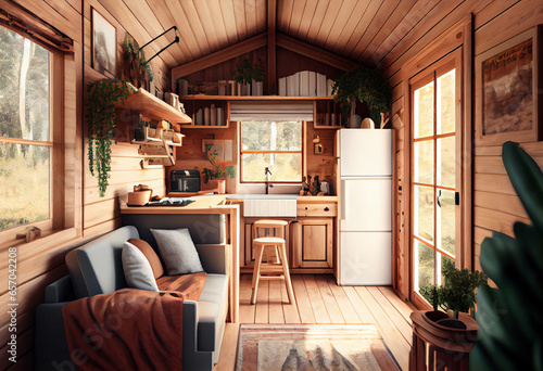 Tiny house interior with natural wooden decor