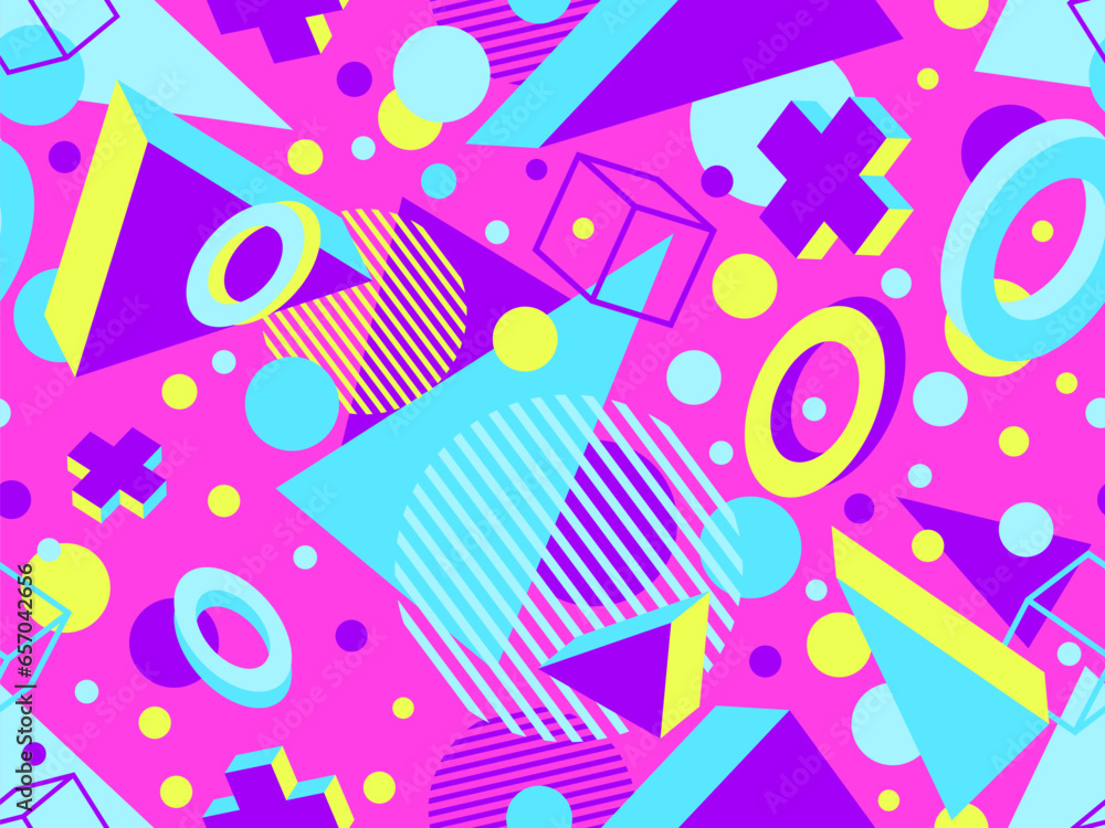 Fototapeta premium 3D geometric seamless pattern in 80s style. 3d isometric triangles, zigzags and circles. Geometric memphis style. Design for promotional products, wrapping paper and printing. Vector illustration
