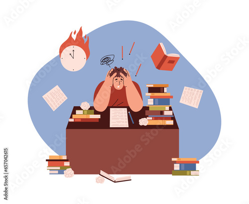 Student stressed and having difficulty learning, flat vector illustration isolated.
