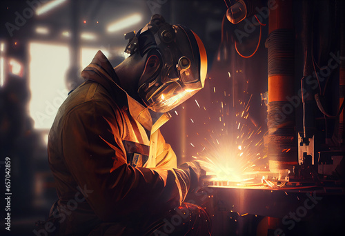 Workers wearing industrial uniforms and Welded Iron Mask at Steel welding plants, industrial safety first concept. photo