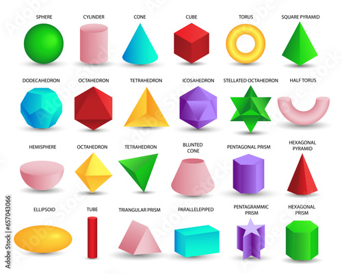 Vector realistic 3D colorful geometric shapes isolated on white background. Maths geometrical figure form, realistic shapes model. Platon solid. Geometric shapes icons for education, business, design.