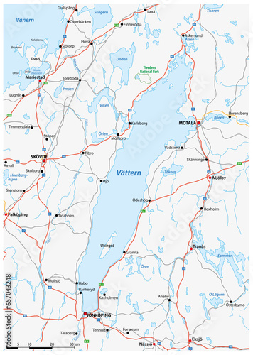 Road map of Lake Vättern in southwest Sweden