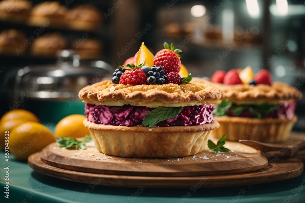 Pie bakery and pastry closeup with food product dessert of choice in upscale hospitality industry Baking in cafe with skilled baker or chef fresh and delicious cuisine for catering. Generative Ai.