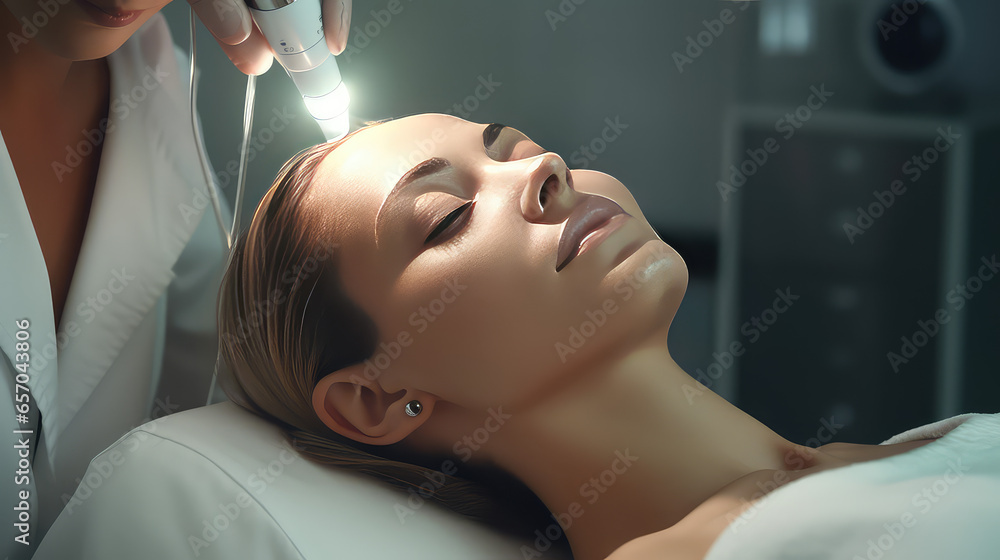 LED-therapy for the face, modern methods of cosmetology. Cosmetologist applies facial Radiofrequency to woman. LED-therapy for the face, modern methods of cosmetology. Cosmetologist applies facial Radiofrequency to woman.
