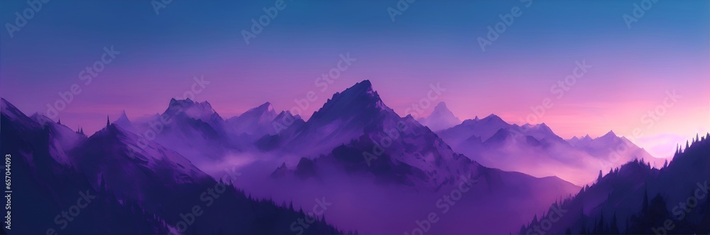 Beautiful sunset in mountains. Gradient sky background. AI generated illustration