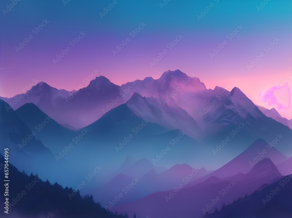Beautiful sunset in mountains. Gradient sky background. AI generated illustration