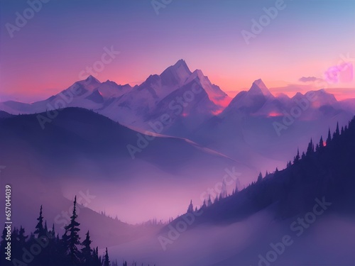 Beautiful sunset in mountains. Gradient sky background. AI generated illustration © vector_master