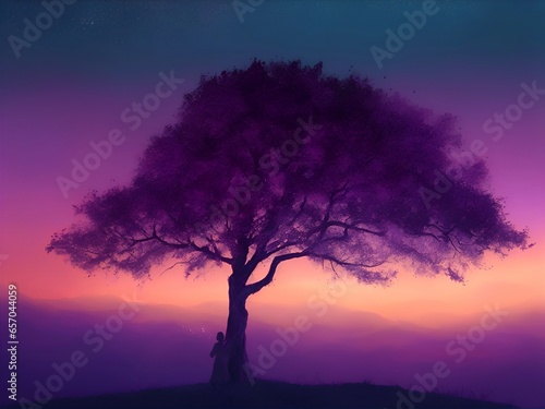 Beautiful sunset in mountains. Gradient sky background. AI generated illustration