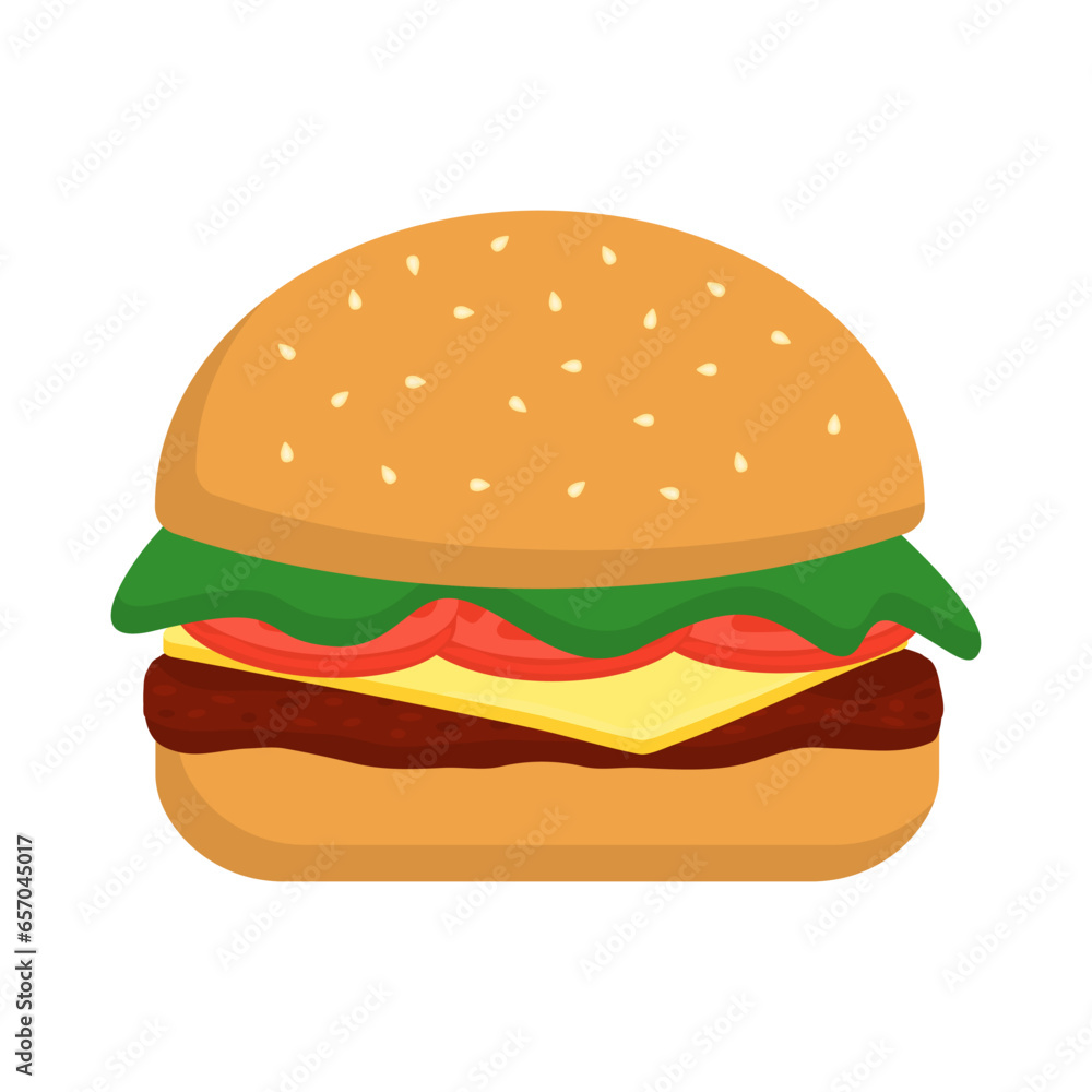 Flat Burger with cutlet, cheese and tomatoes Flat Burger with cutlet, cheese and tomatoes