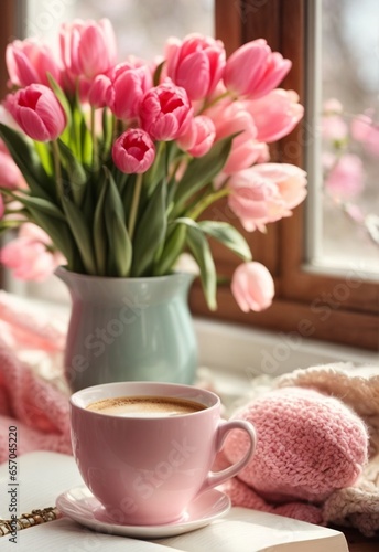 Wallpaper Mural Cup of tea, book and tulips on window sill at home, AI Generative. Torontodigital.ca