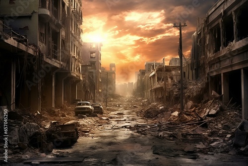 Devastated urban landscape following a catastrophic war. Generative AI