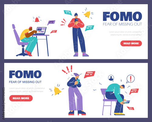 Set of website banner templates about FOMO syndrome flat style photo