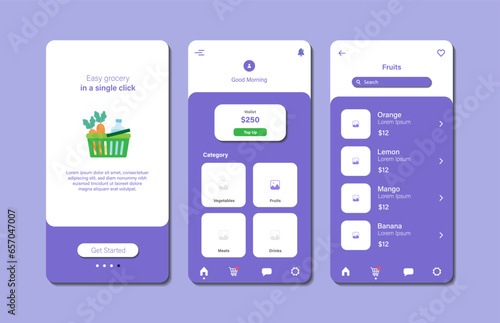 Application to buy groceries. Collection of online grocery store interface templates. Responsive GUI for mobile applications. Vector illustration