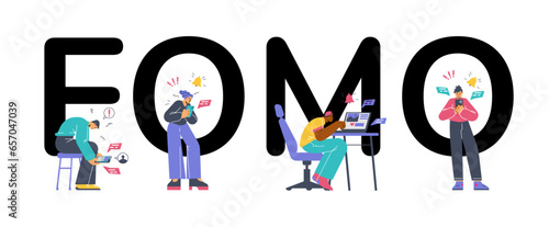 Men and woman looking at laptop, smartphone, capital letters FOMO fear of missing out, vector psychological addiction