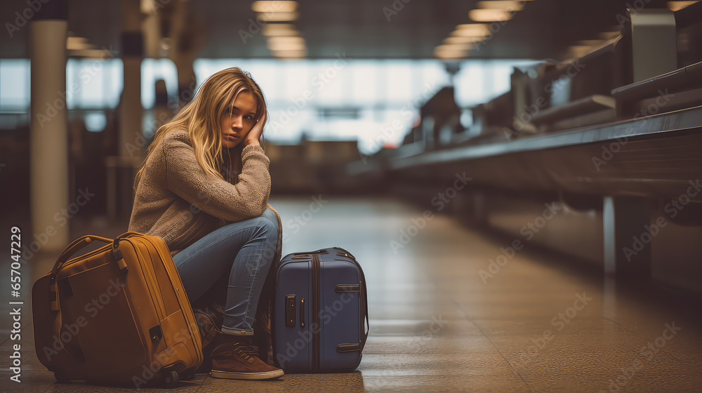 Sad young woman sitting near her suitcase at the airport, portrait. Depression after vacation, difficult move, problems with relocation. Sad young woman sitting near her suitcase at the airport, portrait. Depression after vacation, difficult move, problems with relocation.