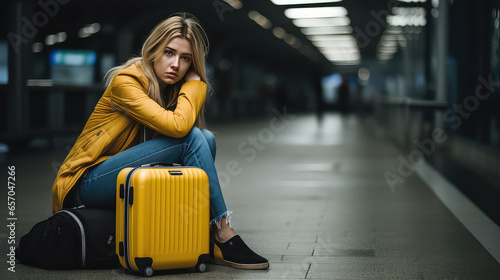 Sad young woman sitting near her suitcase at the airport, portrait. Depression after vacation, difficult move, problems with relocation.