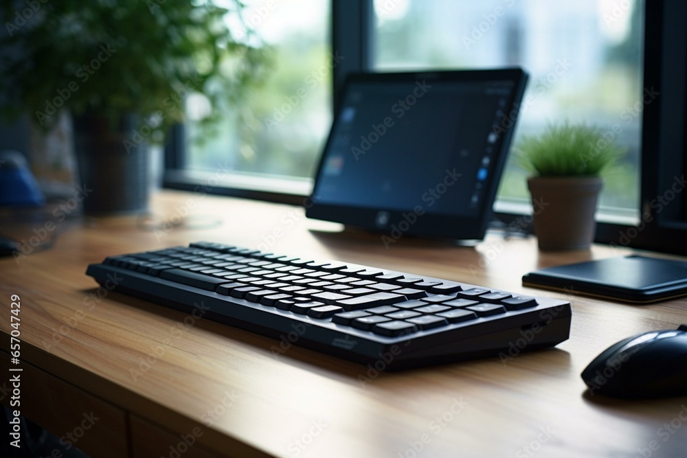 A keyboard resting on a mouse pad placed on an office desk. Generative AI - obrazy, fototapety, plakaty 