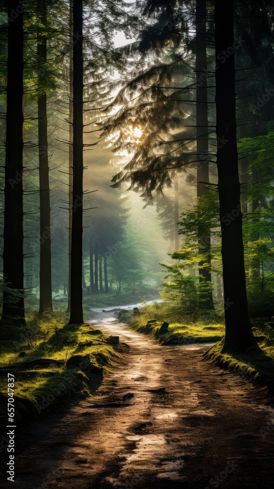 Fototapeta premium Misty forest with sunlight filtering through trees