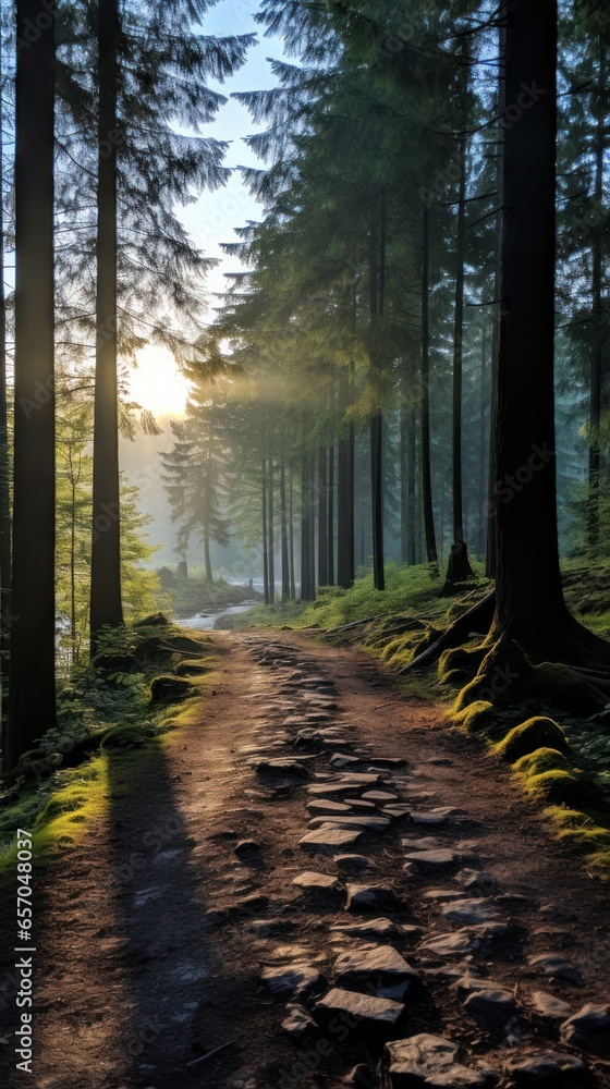 Fototapeta premium Misty forest with sunlight filtering through trees