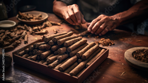 Cuban cigars in a wooden box, closeup view with details, copy space photo