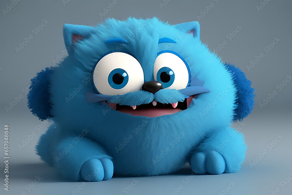 Cute blue furry monster 3D cartoon character. Ai Generated.