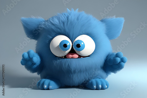 Cute blue furry monster 3D cartoon character. Ai Generated. photo