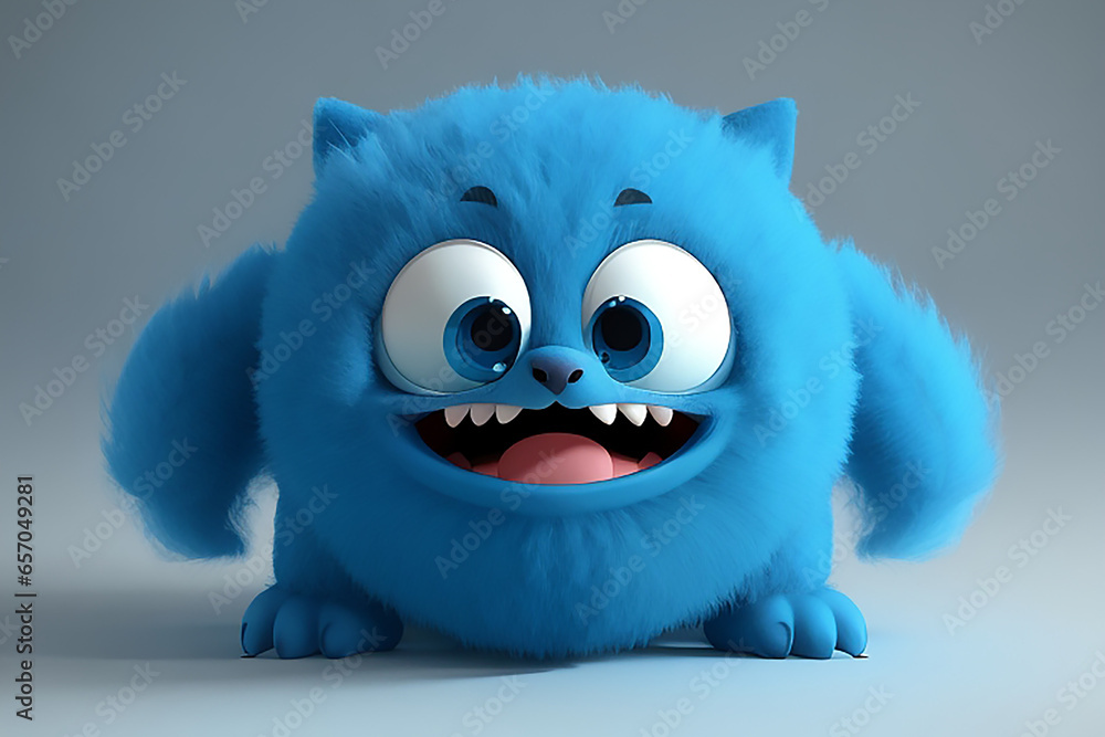 Cute blue furry monster 3D cartoon character. Ai Generated.